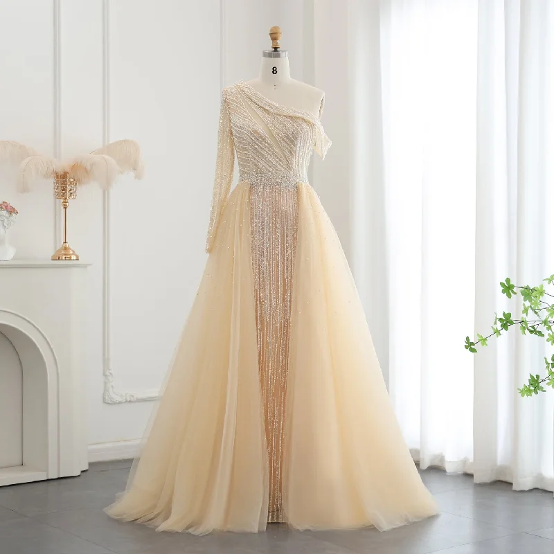 New Year's Eve party dressesLuxury One Shoulder Beige Evening Dress with Overskirt SS161 Engagement party dresses