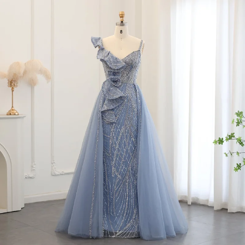 Knitted party dressesElegant Spaghetti Blue Mermaid Evening Dress with Overskirt SS095 Tulle party dresses