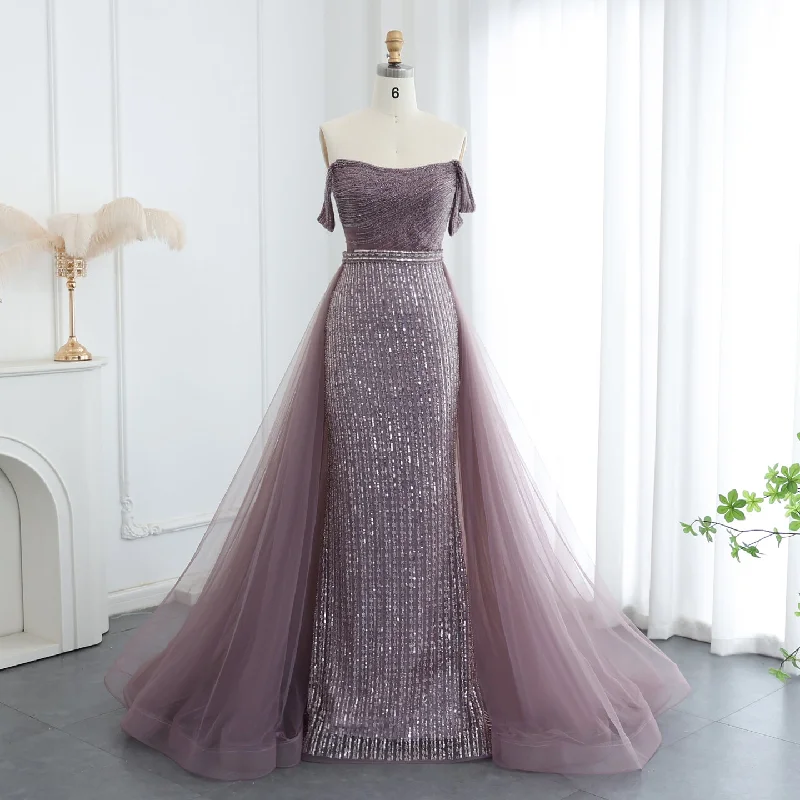 Chiffon party dressesLuxury Beaded Purple Evening Dress with Overskirt SS137 Velvet party dresses