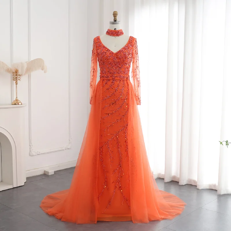 Best party dresses for tall womenLuxury Beaded Mermaid Orange Evening Dress with Overskirt SS222 Best party dresses for curvy figures