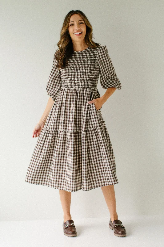 Prom midi dresses'Felicity' Smocked Bodice Brown Gingham Midi Dress in Ivory Prom midi dresses