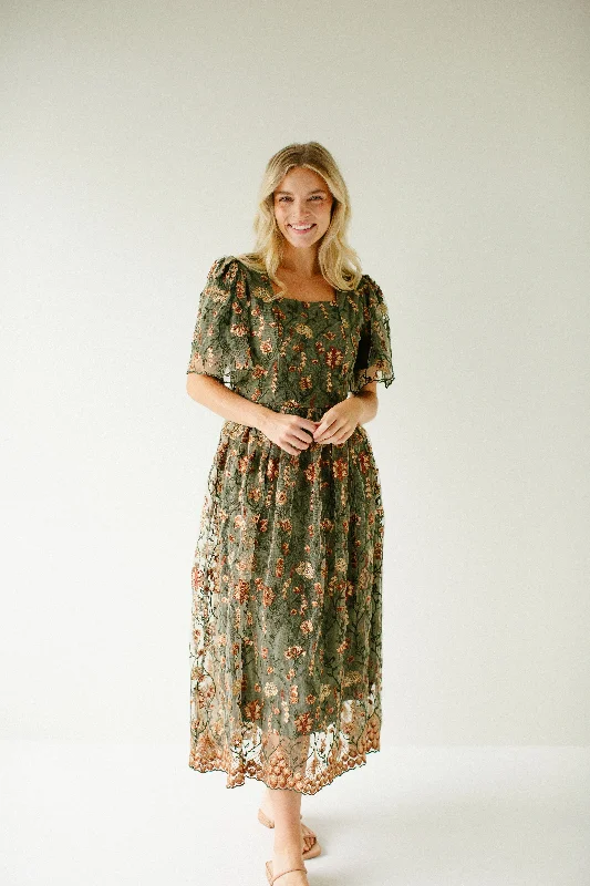 Elegant midi dresses'Jeanette' Square Neck Embroidered Floral Mesh Midi Dress in Olive Elegant midi dresses