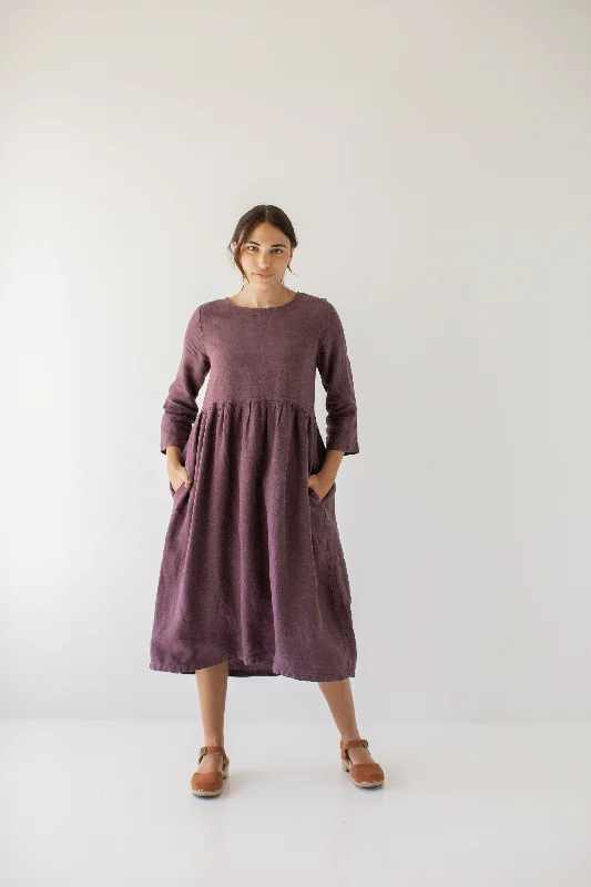 Lightweight midi dresses for hot weather'Joan' Organic Linen Quarter Sleeve Midi Dress in Dusty Purple FINAL SALE Lightweight midi dresses for hot weather