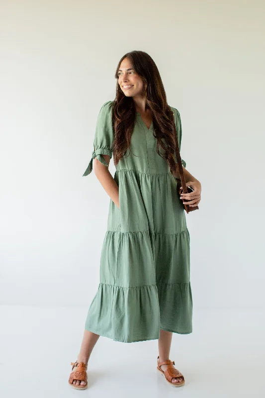 Comfortable midi dresses for everyday wear'Kaia' Tie Sleeve Tiered Lyocell Midi Dress in Dusty Green FINAL SALE Comfortable midi dresses for everyday wear