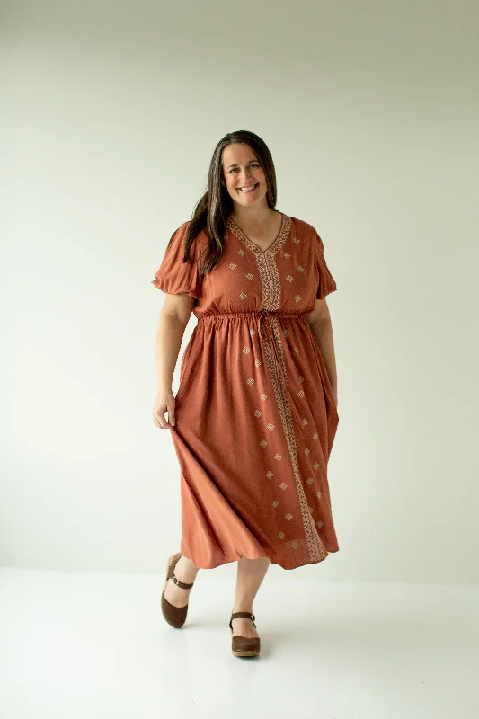 Affordable midi dressesPlus 'Marcella' Puff Sleeve Embroidered Midi Dress in Terracotta Affordable midi dresses