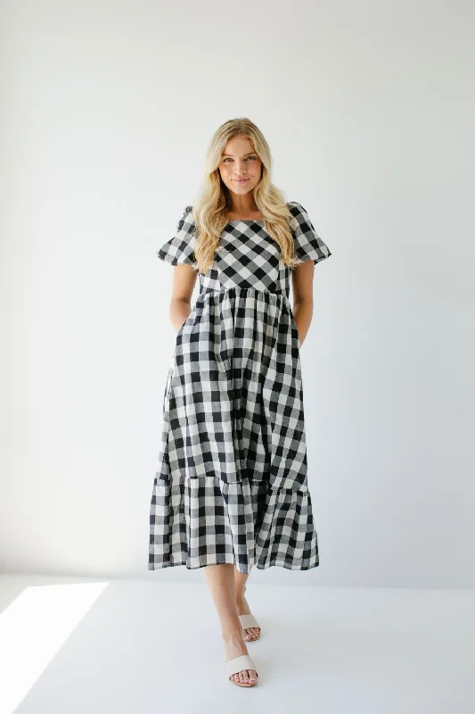 Best midi dresses for hourglass body shape'Prudence' Gingham Bubble Sleeve Midi Dress in Black FINAL SALE Best midi dresses for hourglass body shape