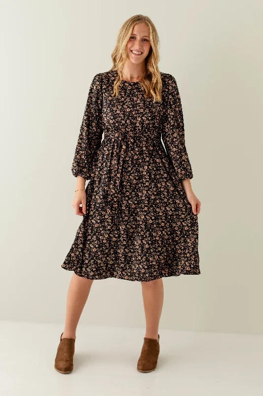 Stretchy midi dresses'Ramona' Long Sleeve Floral Midi Dress in Dark Navy Stretchy midi dresses