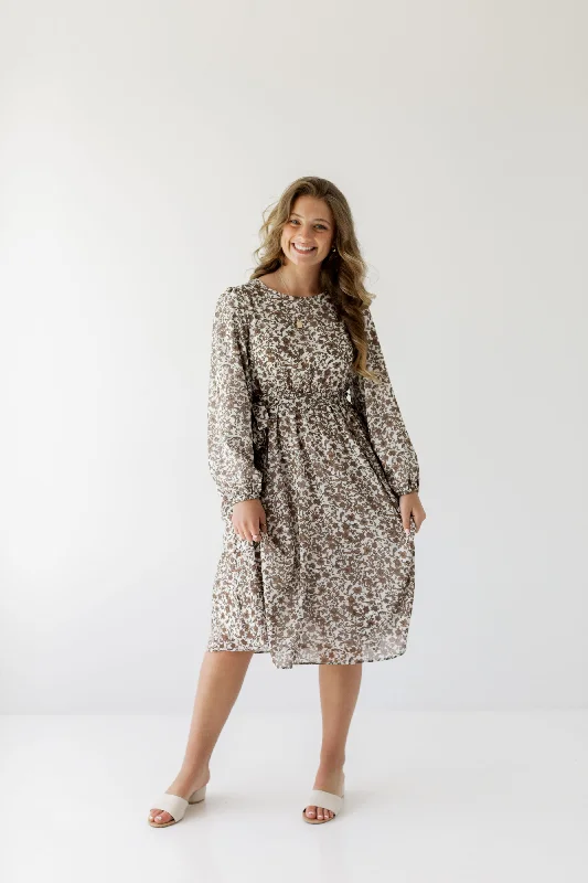 Beach midi dresses'Ramona' Long Sleeve Mocha Floral Midi Dress in White Beach midi dresses