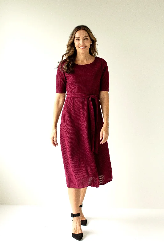 Luxury midi dresses'Ruby' Tie Waist Knit Midi Dress in Burgundy Luxury midi dresses