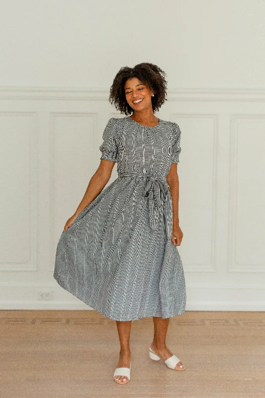 Casual midi dresses'Selma' Smocked Sleeve Gingham Cotton A-Line Midi Dress in Black FINAL SALE Casual midi dresses