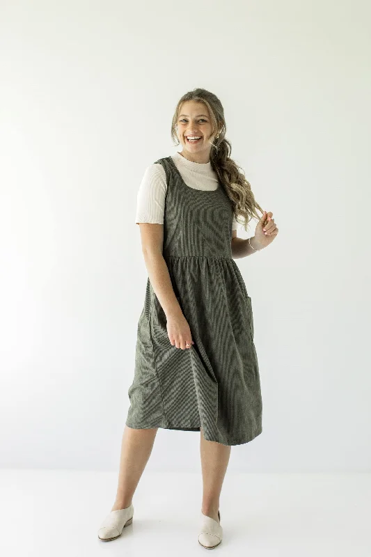 Tiered midi dresses'Valley' Corduroy Overall Midi Dress in Dusty Olive Tiered midi dresses