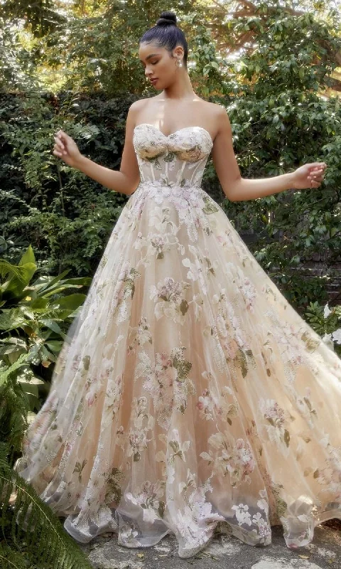 Edgy floral dressesStrapless Long Champagne Floral Prom Gown A1134 Edgy floral dresses