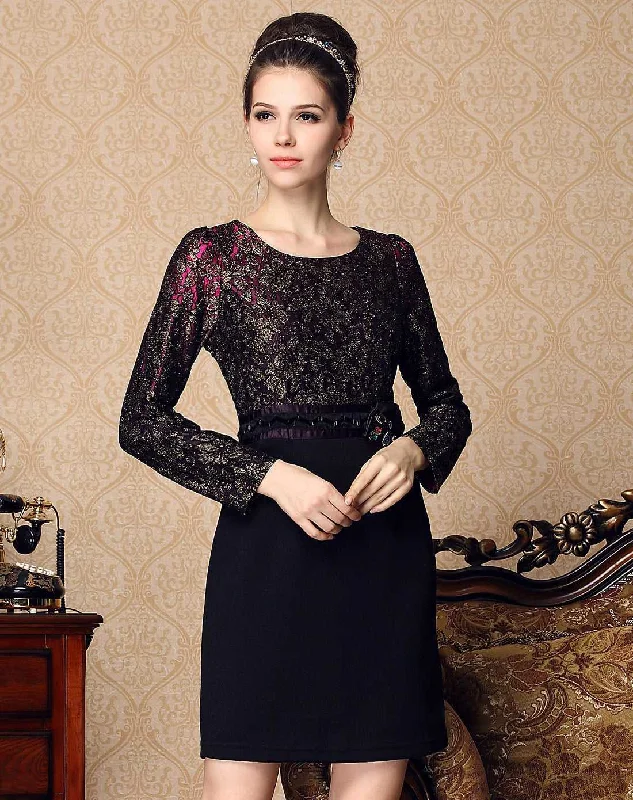 KittenAlarm - Fashion Women's elegant temperament dress lace stitching slim long-sleeved dress autumn Lace Dress Accent