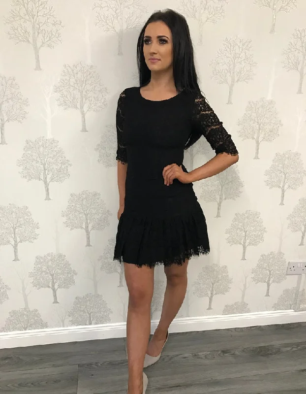 Black 3/4 Sleeve Lace Frill Hem Dress Lace Dress Style