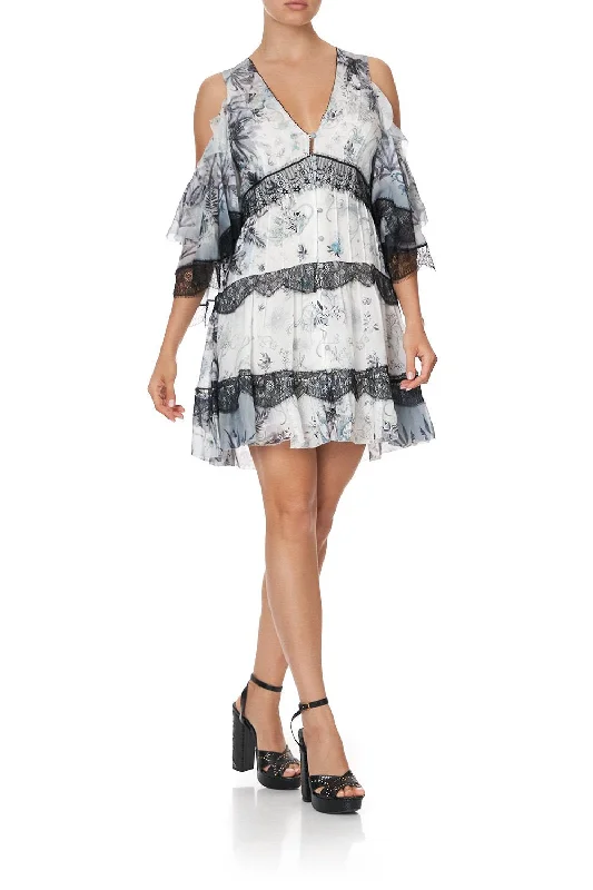 BUTTON UP DRESS WITH LACE INSERT MOONLIT MUSINGS Long Sleeve Lace Dress