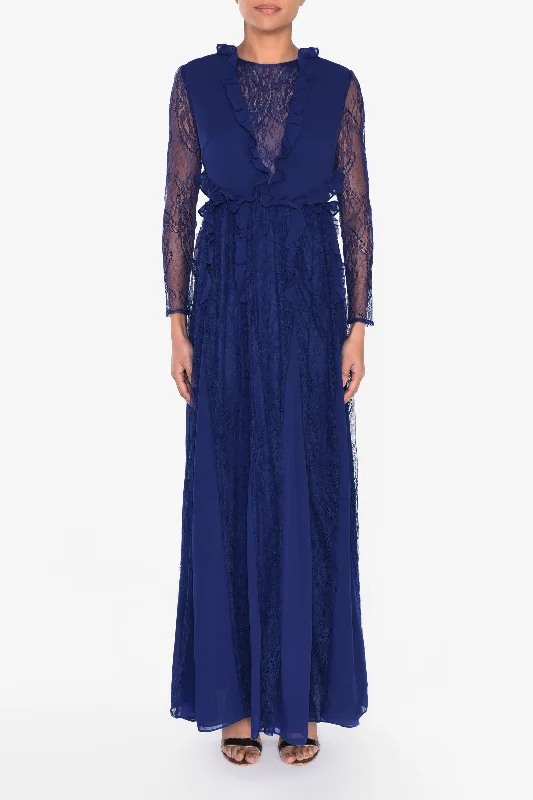 Midnight Blue Long Sleeve Lace Dress Floral Lace Dress