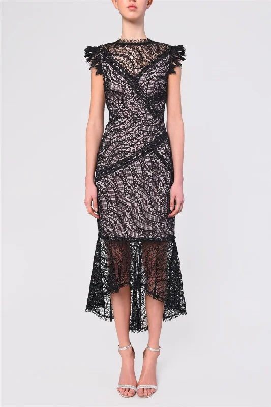 Michelle Black Lace Panelled Lace Hi-Low Dress Full Lace Dress