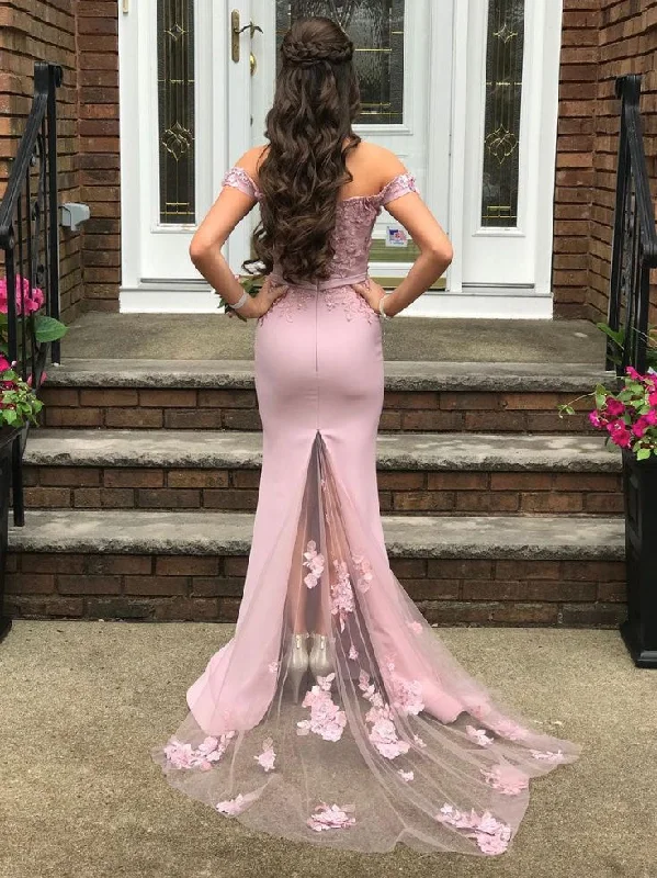 Pink Satin Mermaid Long Lace Prom Dress Bridesmaid Dress,DP0222 Off-shoulder Lace Dress