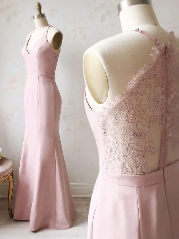 Pink v neck satin lace long prom dress, lace bridesmaid dress,DS1977 Lace Dress Casual